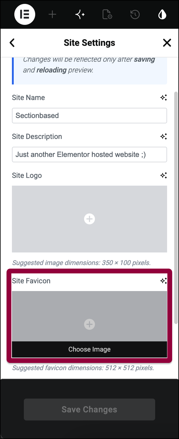 site identity panel display favicon placeholder