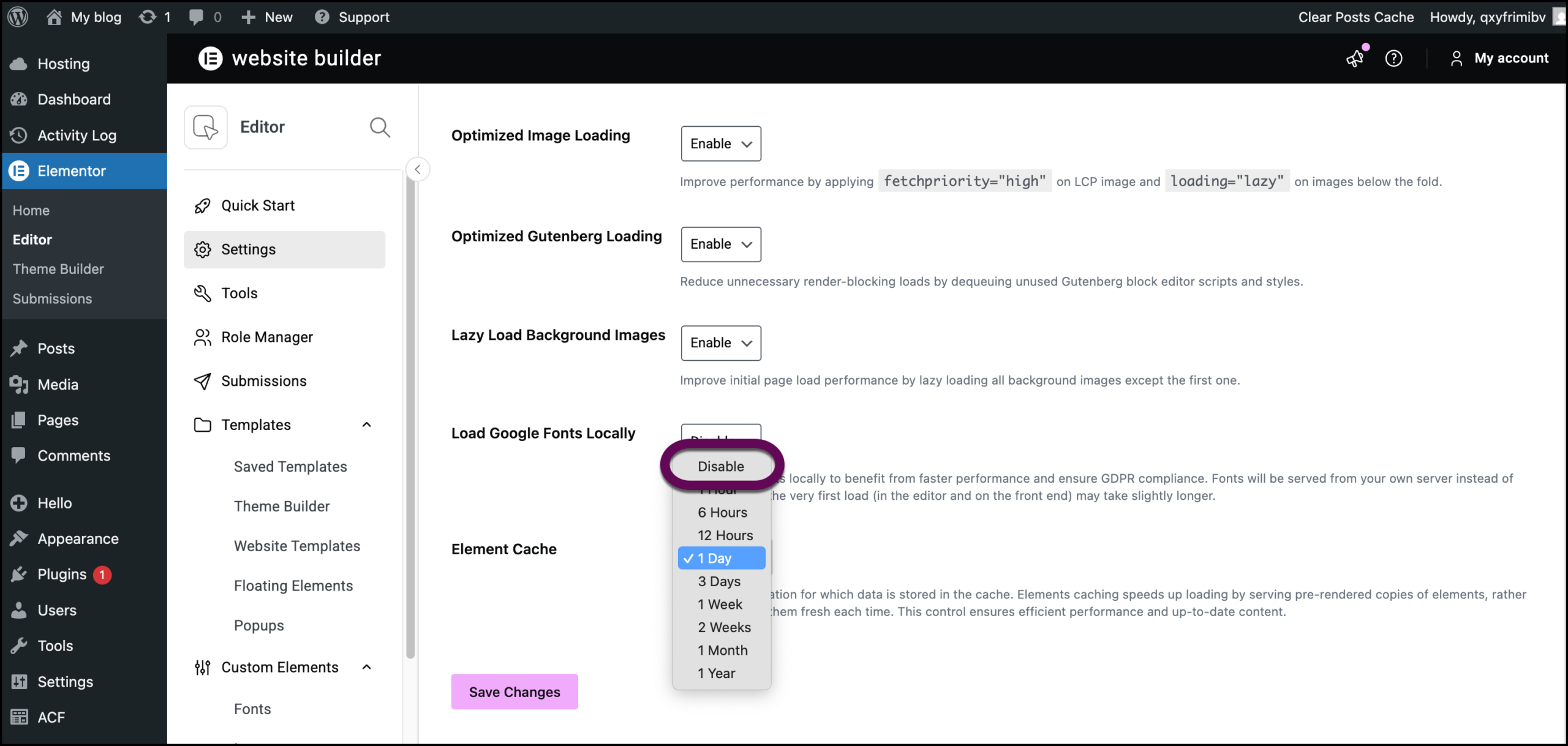 Select the highlighted Disable option to turn element caching off.