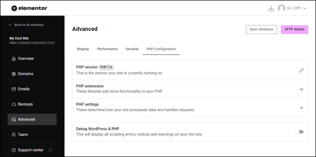 Access php settings elementor