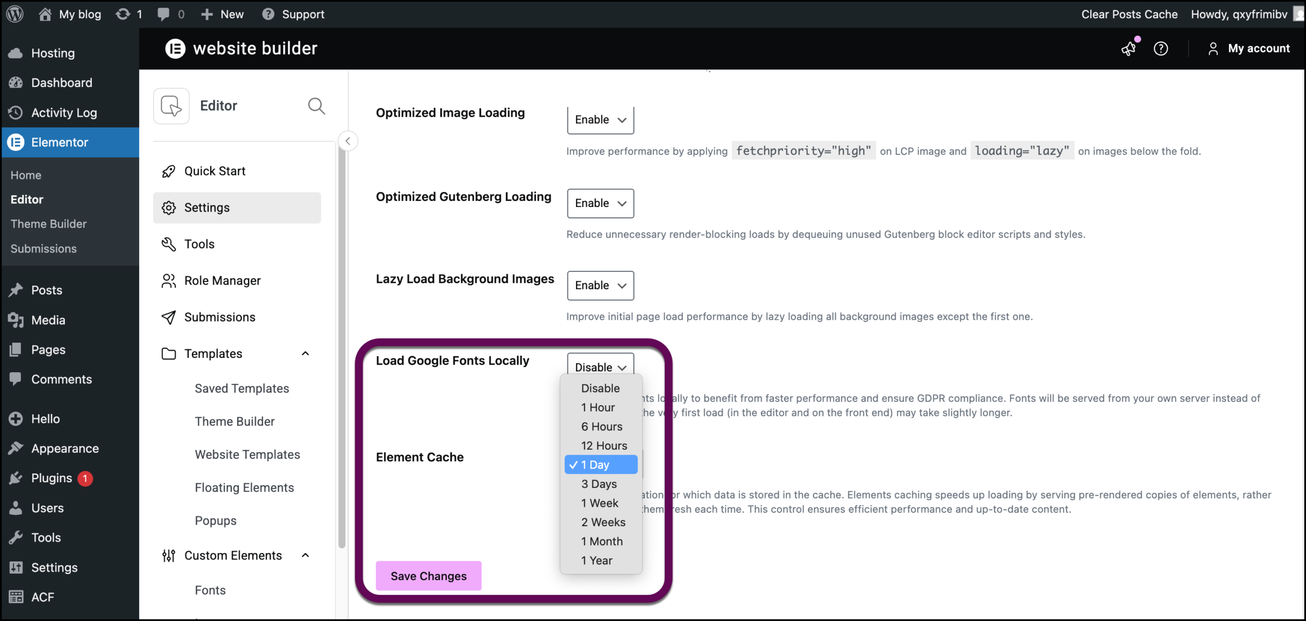 The element cache dropdown which determines how often the cache is cleared.