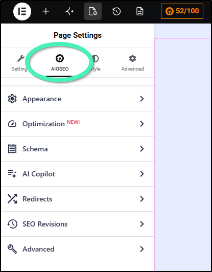 All in one page settings tab showing all the available settings