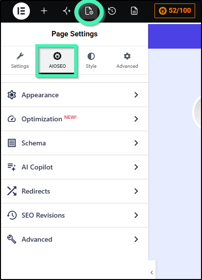 Page settings option showing All in one tab