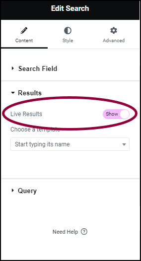 14. Toggle the Live results to Show Search widget 301