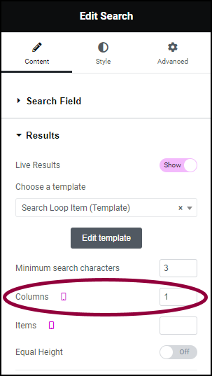 Set column to 1 Search widget 309