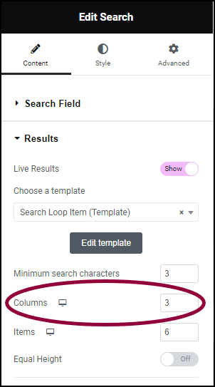 Set columns to 3 Search widget 305