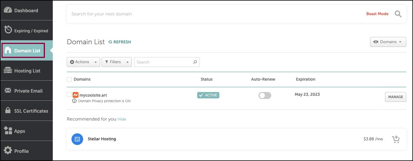 1 NameCheap Domain List Manage Button 1 1 Connect a custom domain using NameCheap 15