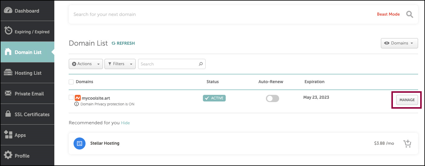 2 NameCheap Domain List Manage Button 2 Connect a custom domain using NameCheap 21