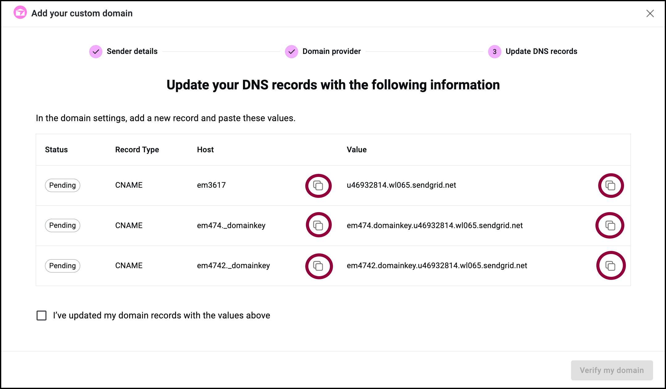 Copy ocons circled Add a custom domain to Site Mailer 19