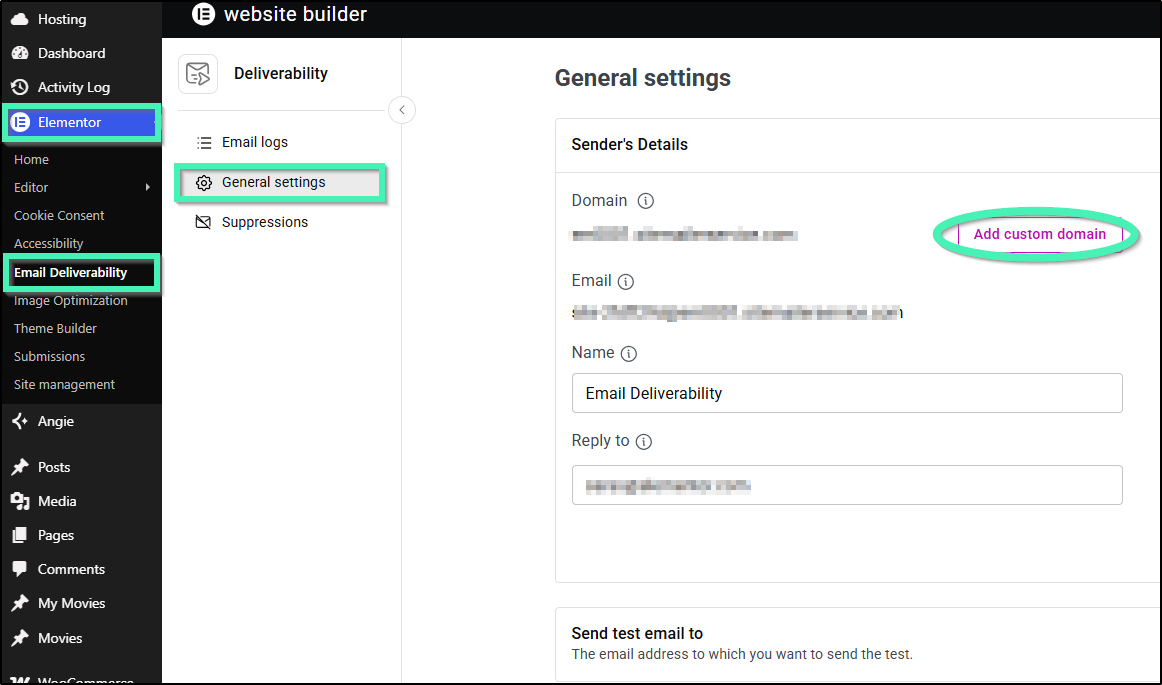 email deliverability settings showing add custom domain button