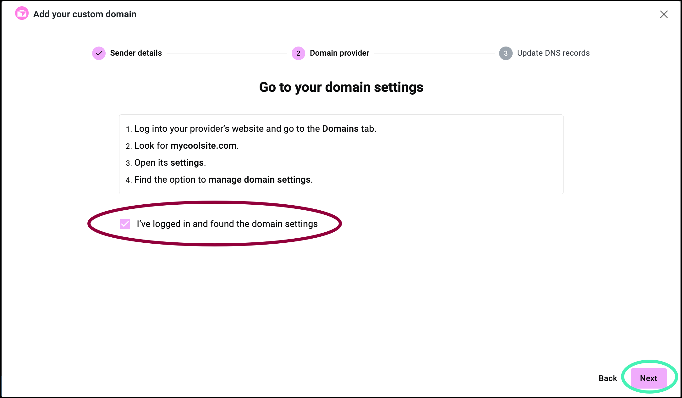 logged in and Add custom domain to Site Mailer 15