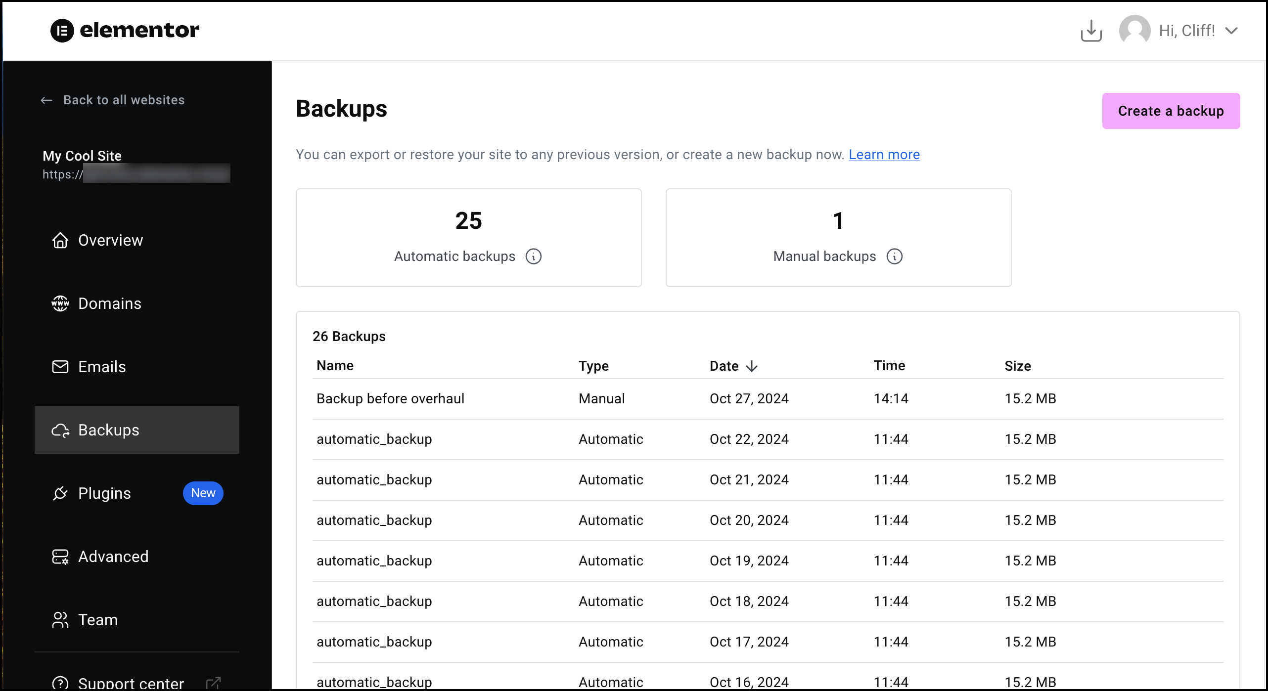 Backup screen Manage your Elementor Hosting backups 5