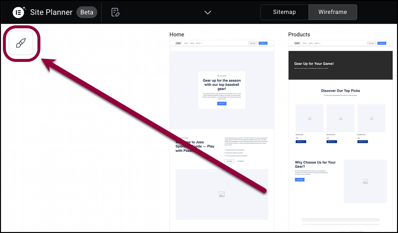 1 click the briush icon Build an entire website from scratch with Elementor AI's Site Planner 65