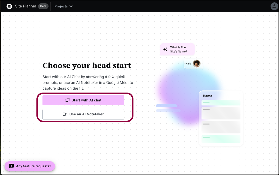 AI planner opening screen Build an entire website from scratch with Elementor AI's Site Planner 1