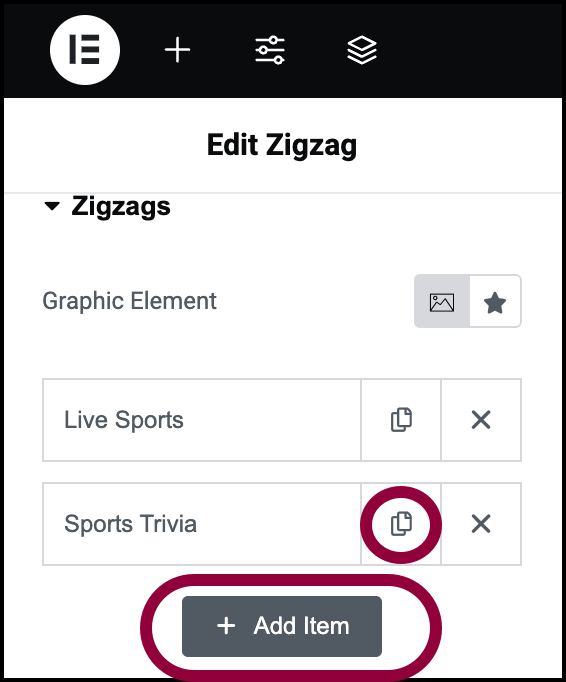 Click copy or add item Zigzag Widget 475