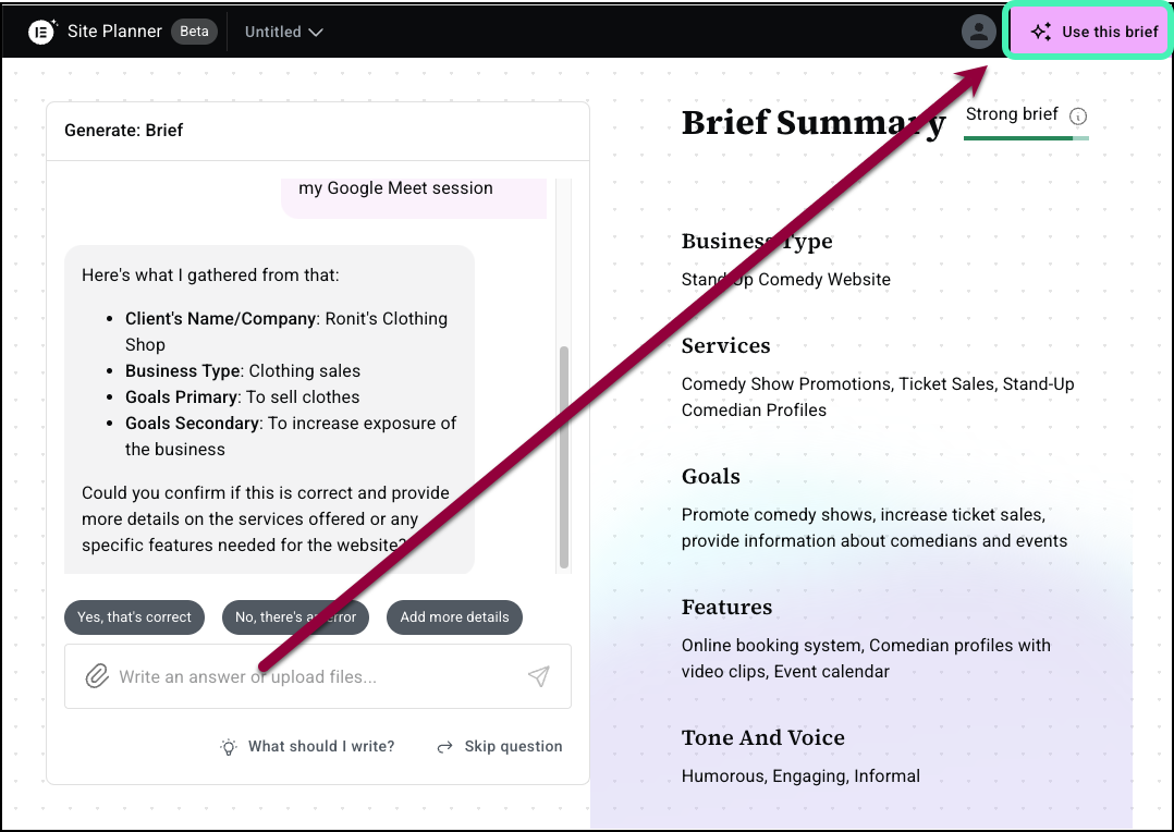 Click use this brief Build an entire website from scratch with Elementor AI's Site Planner 77