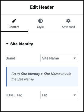 Content tab Site Identity Customize your Hello Biz Header 427