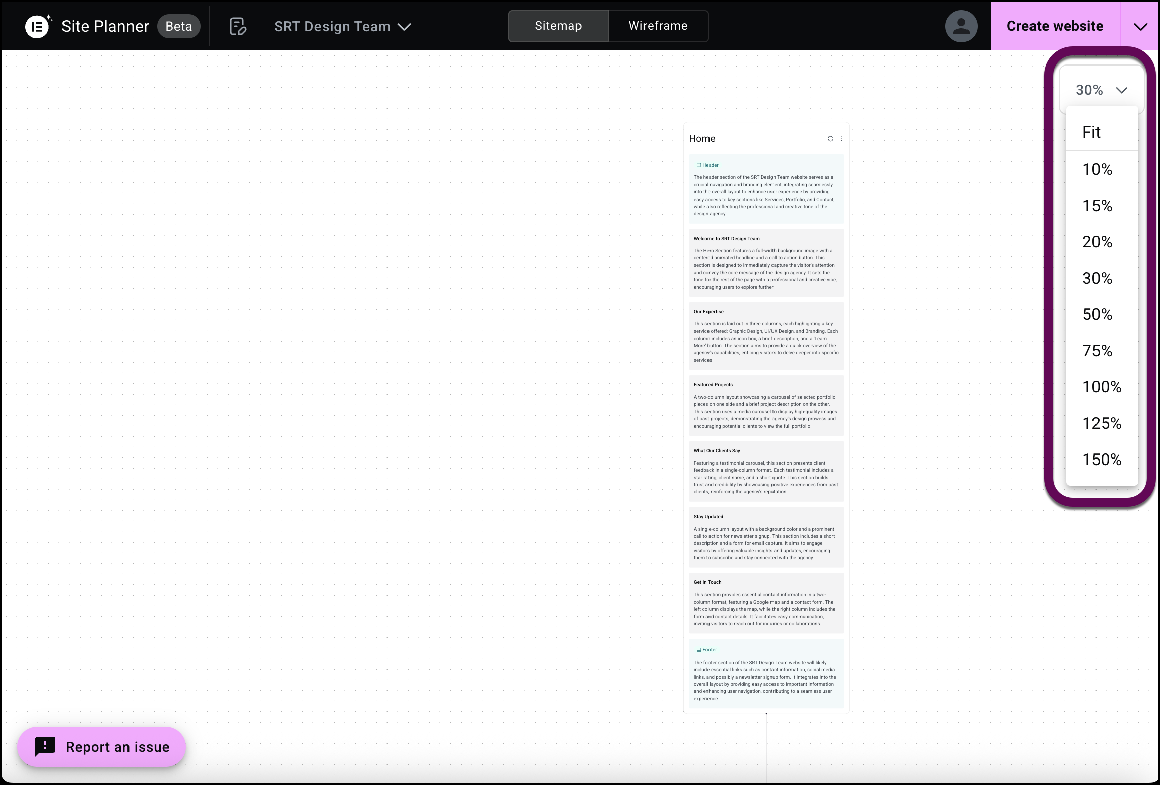 The zoom dropdown menu