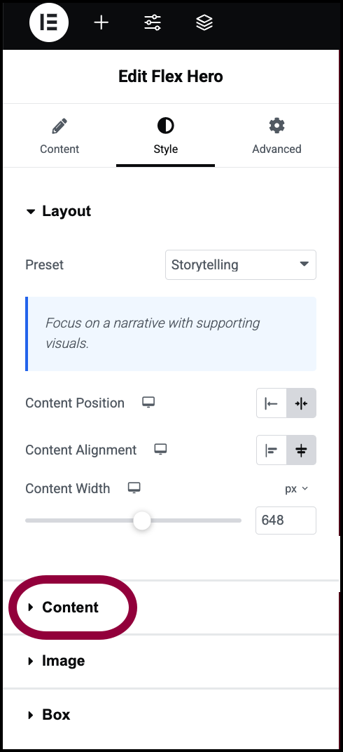 14 Open the content field Flex Hero widget 529