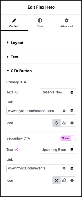 Flex Hero widget 518 Content tab CTA button Flex Hero widget 517