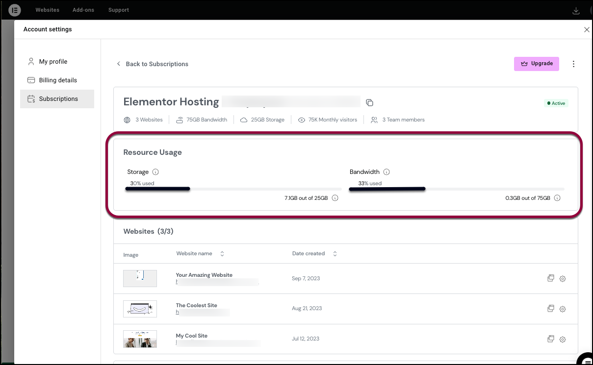 The storage and access stats Access your subscription's storage and bandwidth usage 5