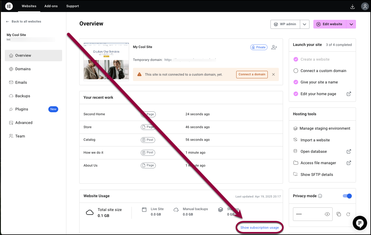 Website overview 1 Access your subscription's storage and bandwidth usage 3