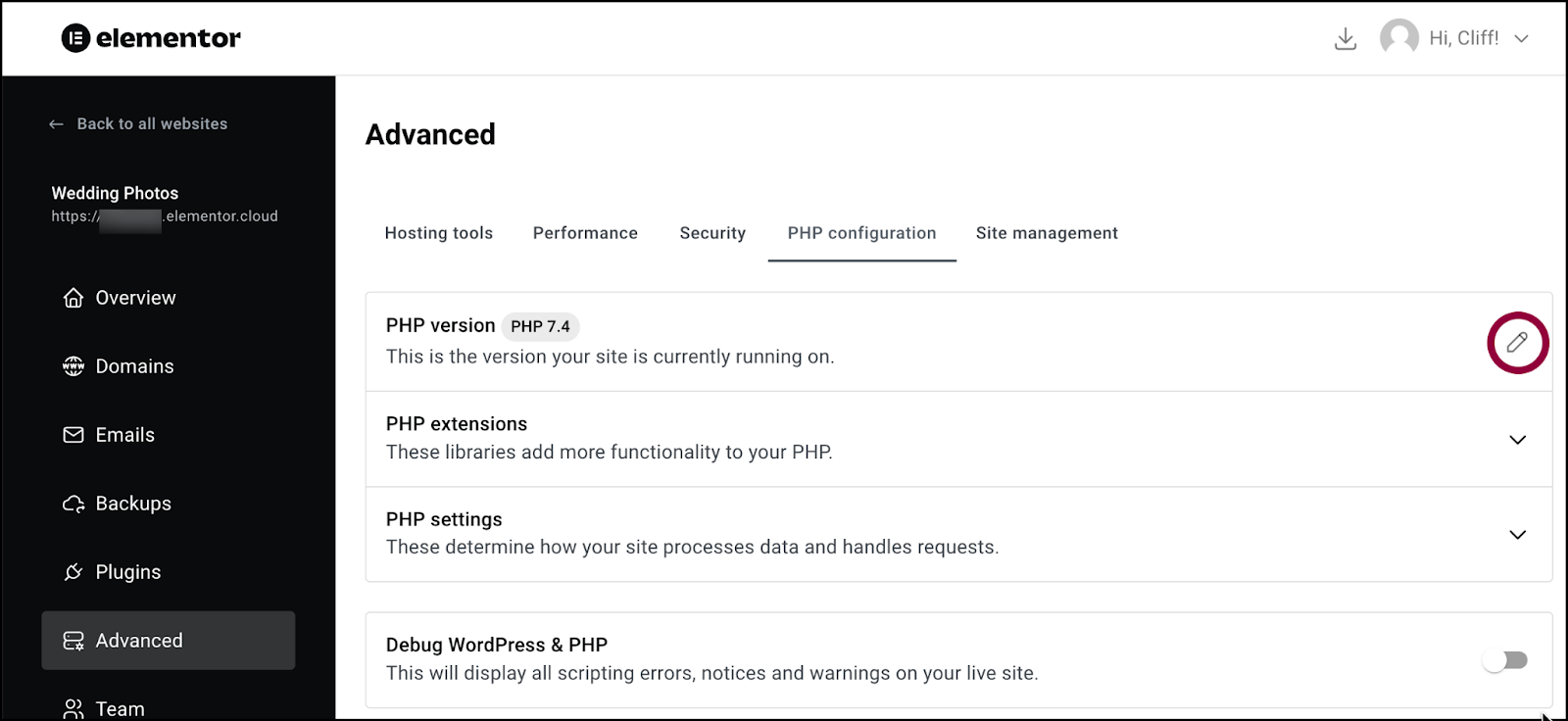 image 15 Edit the PHP version of your Elementor Hosting site 17