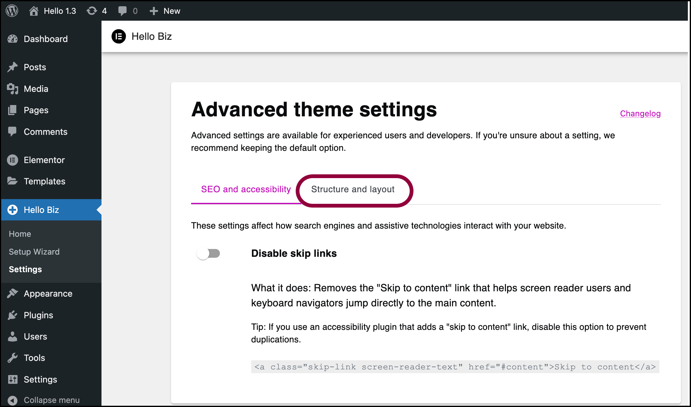 Click Structure and layout Edit the Hello Biz theme settings 5