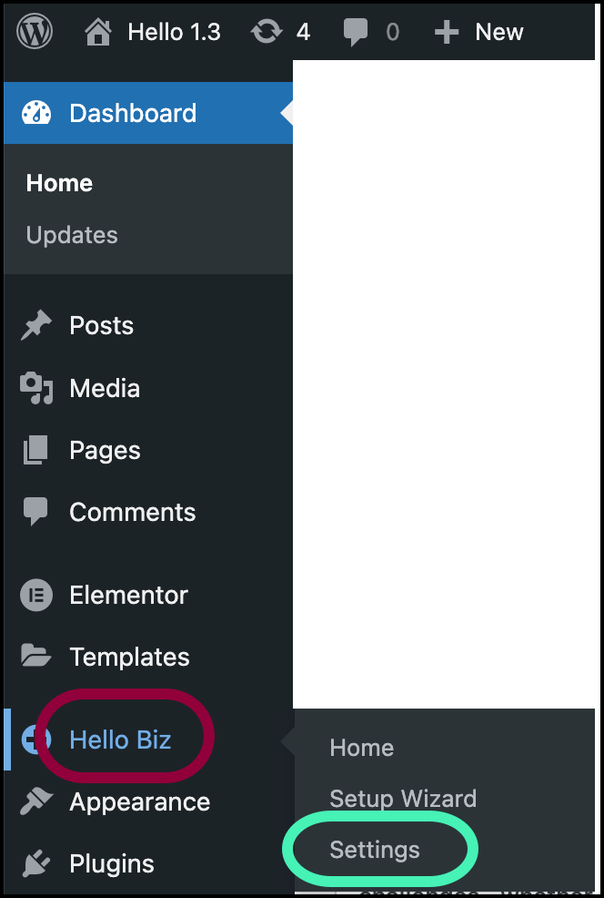 Click hello settings Edit the Hello Biz theme settings 1
