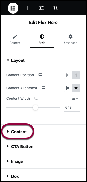 Open the content field 1 Flex Hero widget 501