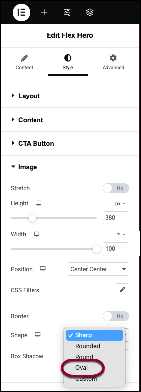 Select the oval shape Flex Hero widget 509