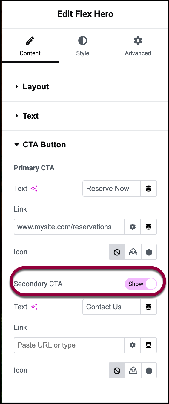 Toggle Secondary CTA Flex Hero widget 491