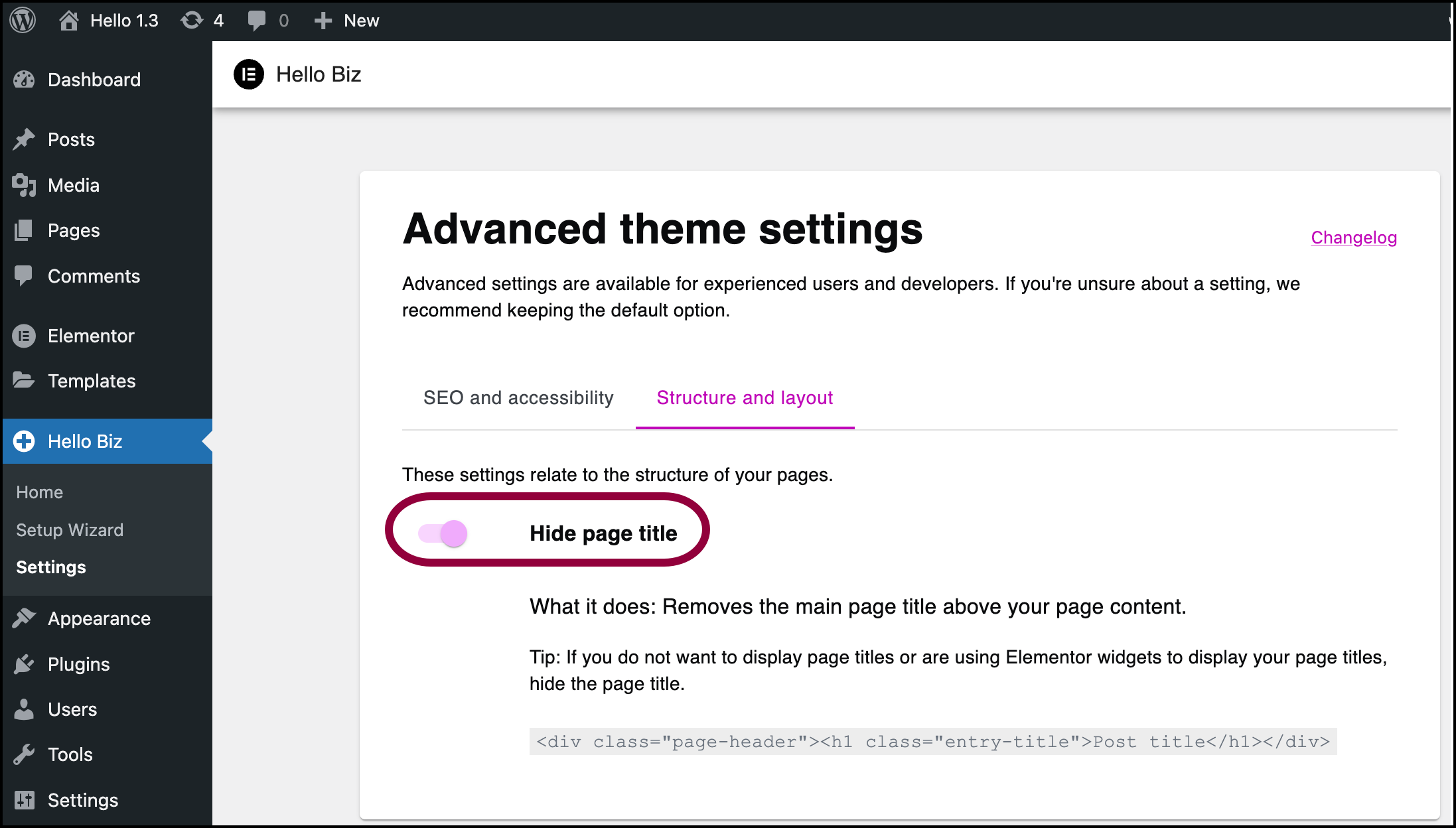 click hide page title Edit the Hello Biz theme settings 7