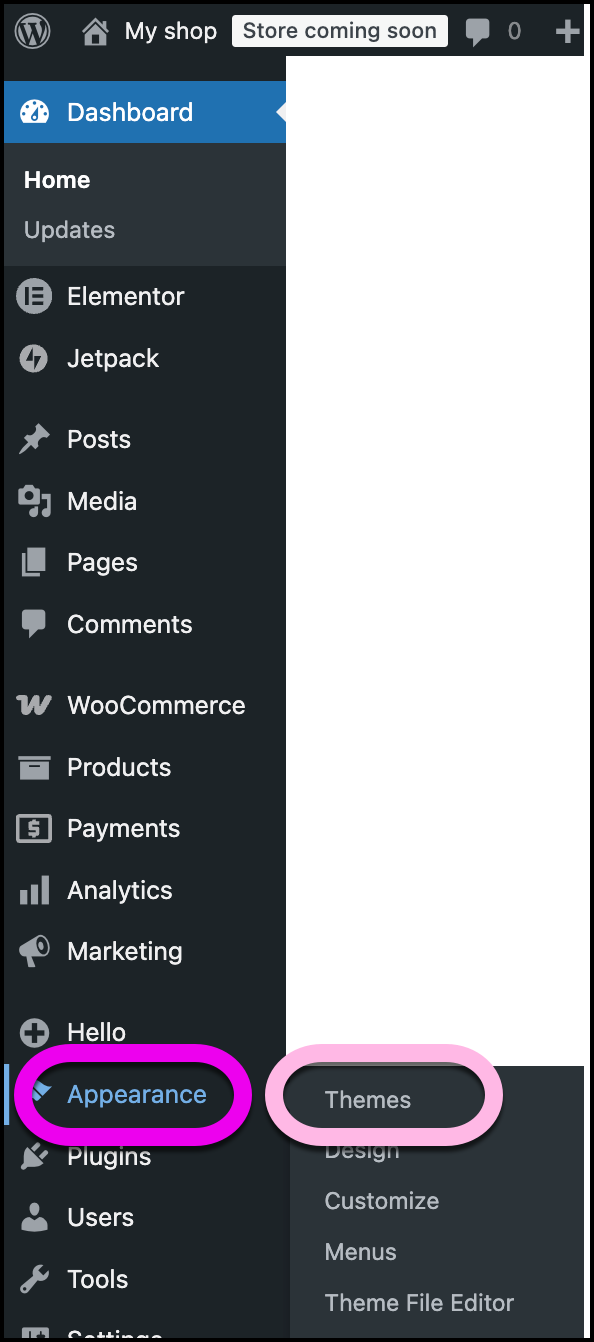 The Appearance Themes link allows you to add a theme