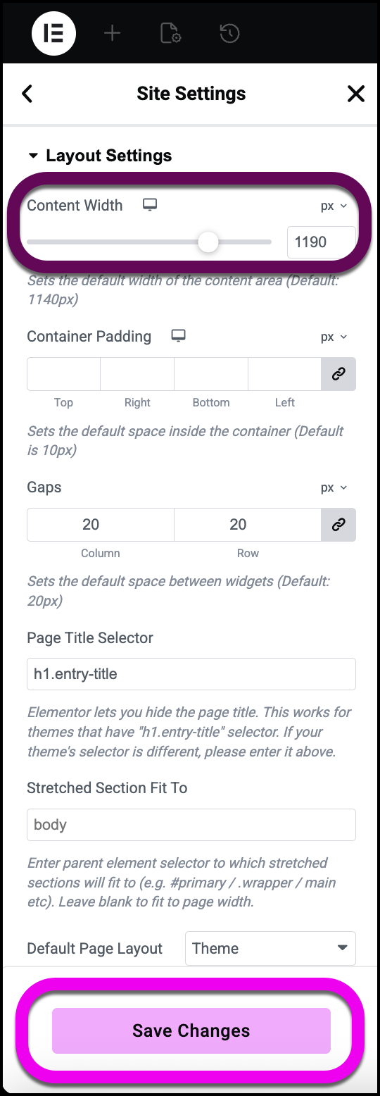 The Content Width slider and Save changes button