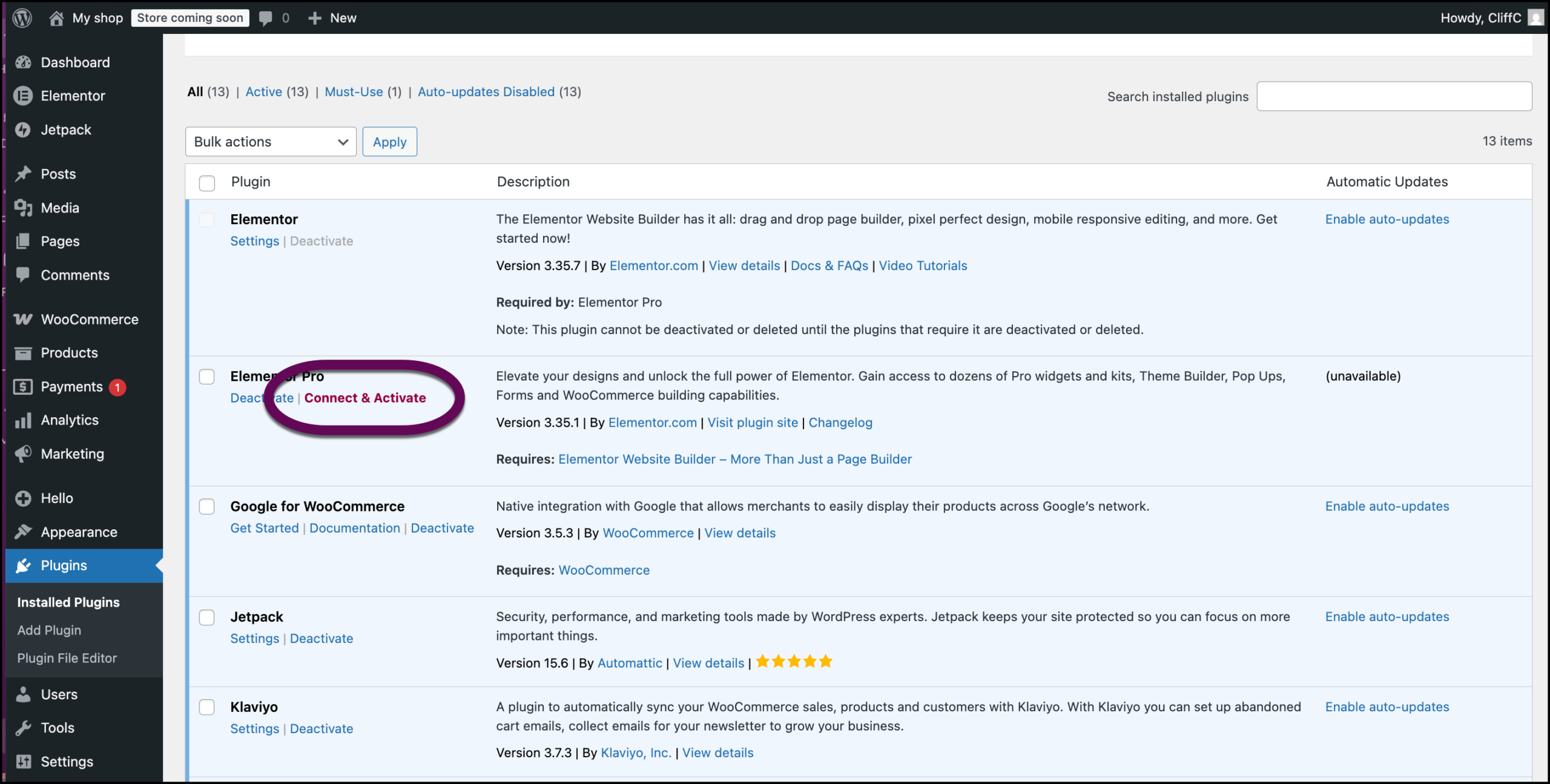 the connect and activate link
