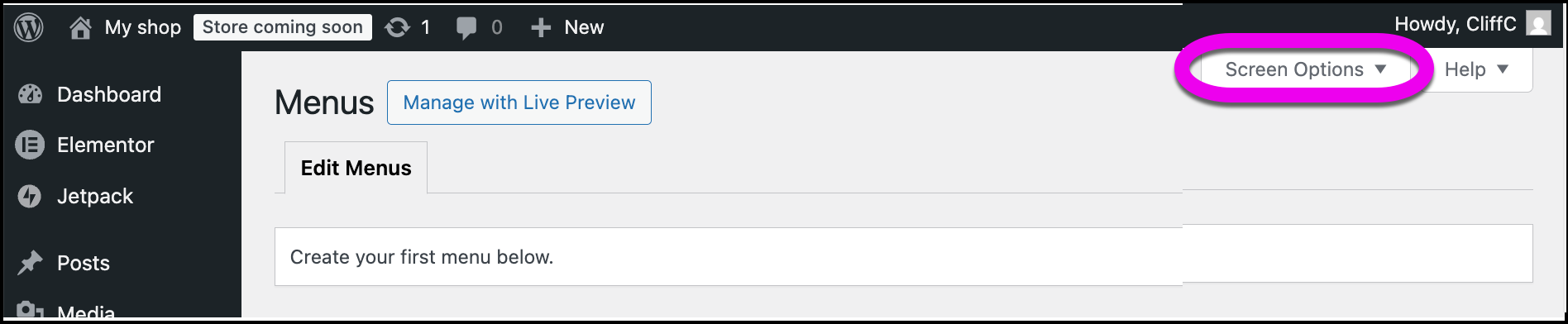 The screen options button