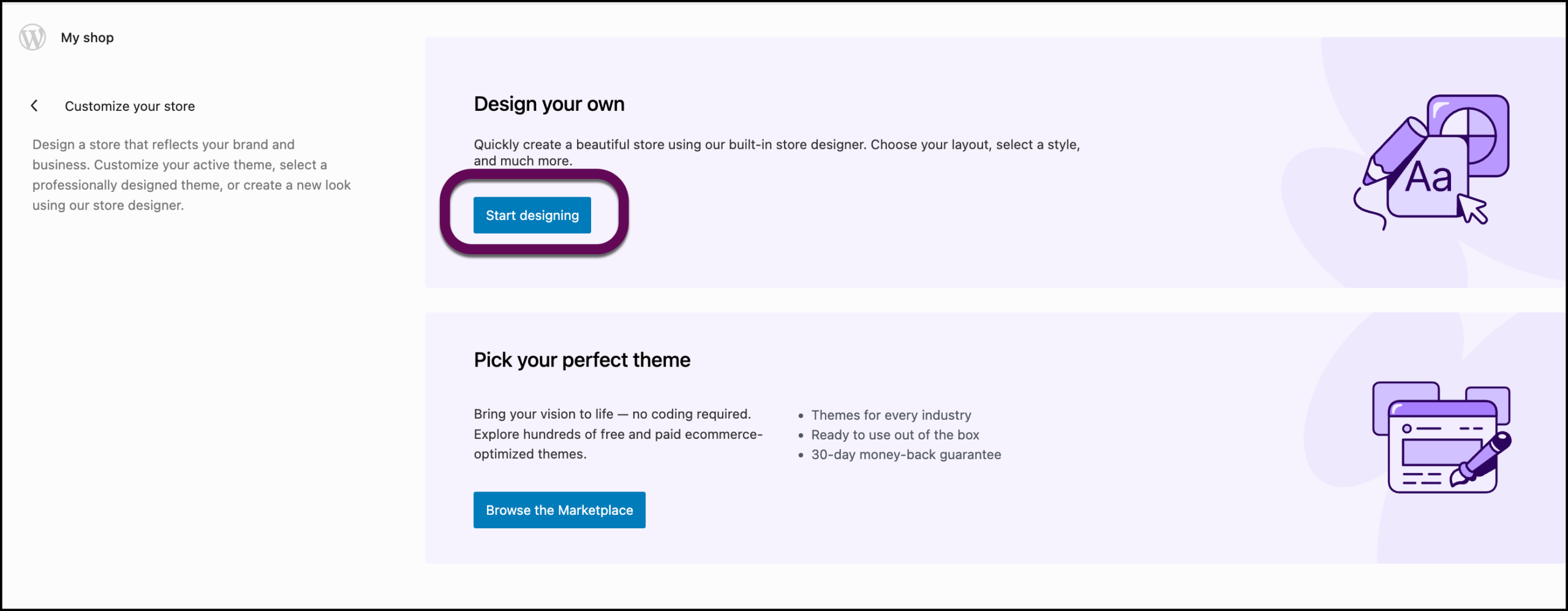 The start designing button
