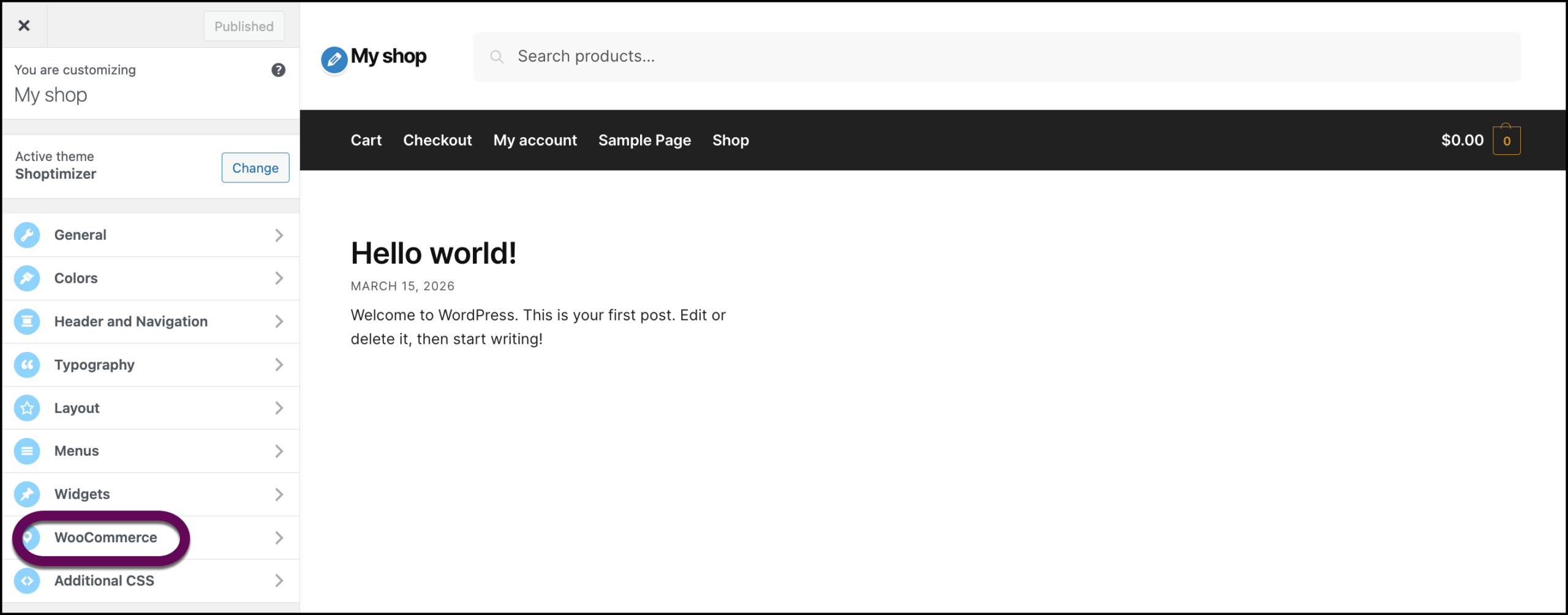 The WooCommerce button in the panel