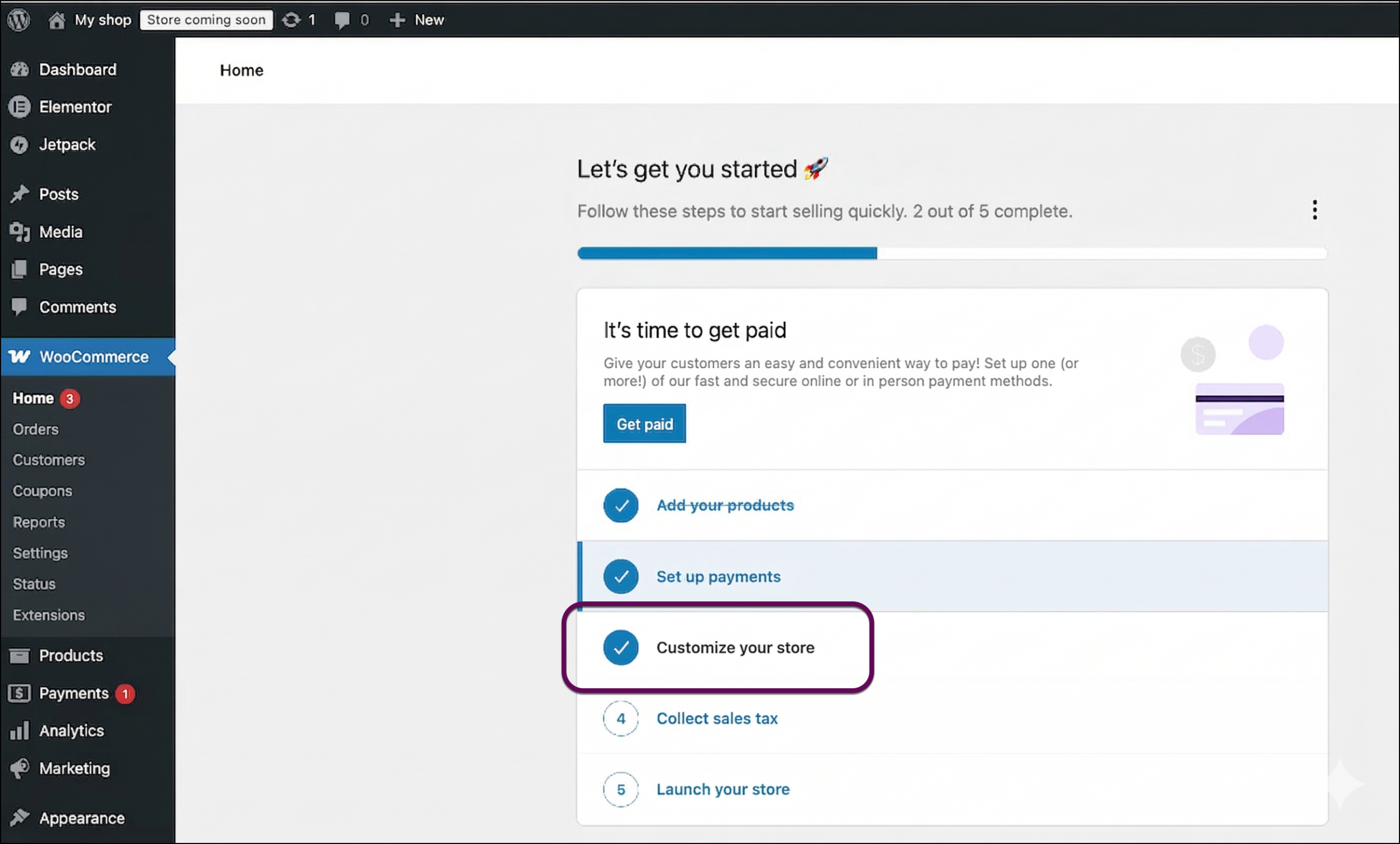 The Customize my store link