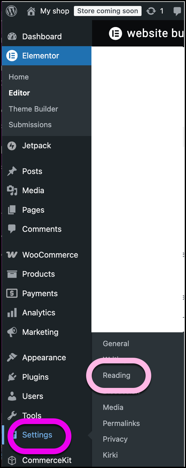 The link to edit the Reading Settings