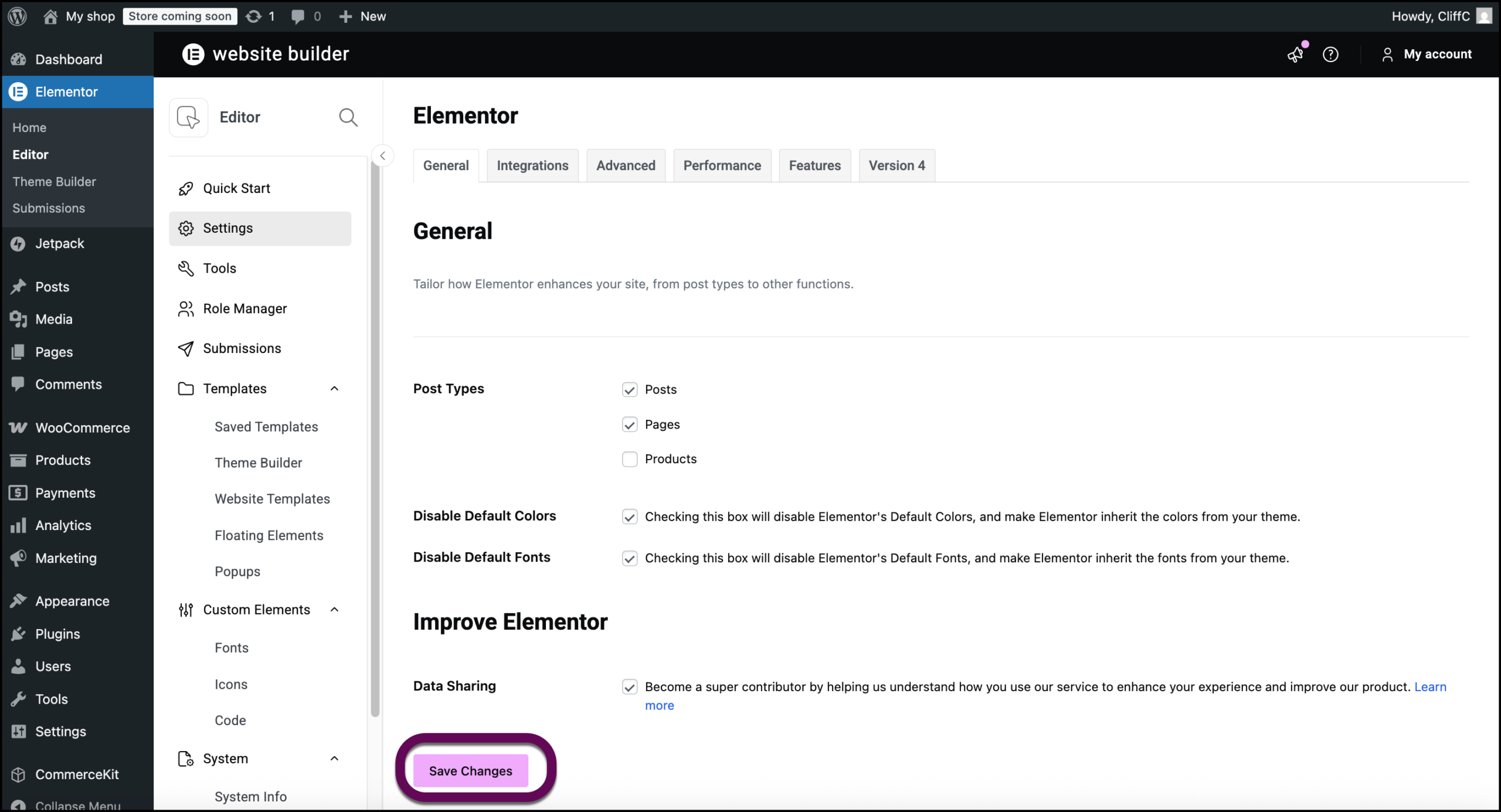 The Save Changes button to save the new settings