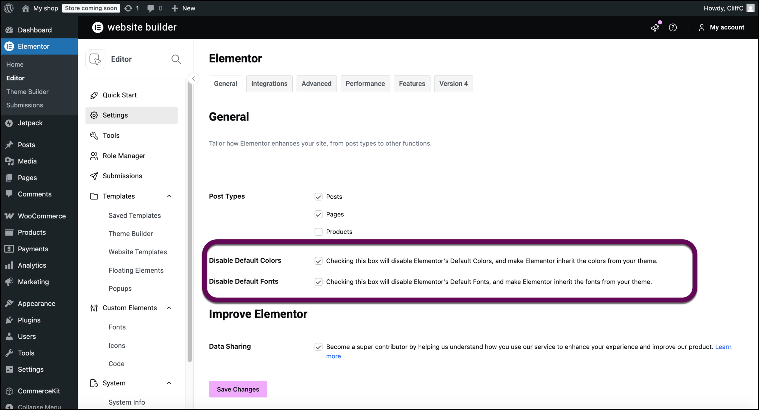 The checkboxes to disable default fonts and colors
