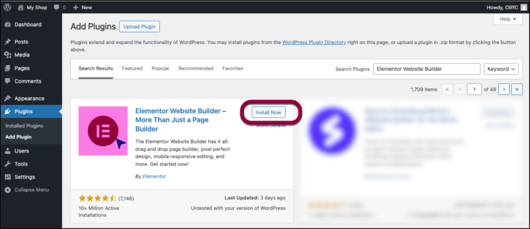install now button inside plugins
