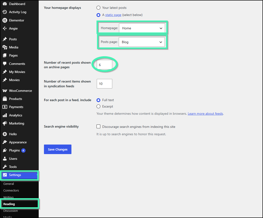 settings reading showing home and blog page