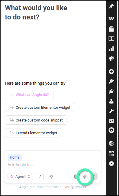 WordPress dashboard showing the Angie AI prompt panel with a red highlight box around the paperclip attachment icon in the bottom-right toolbar