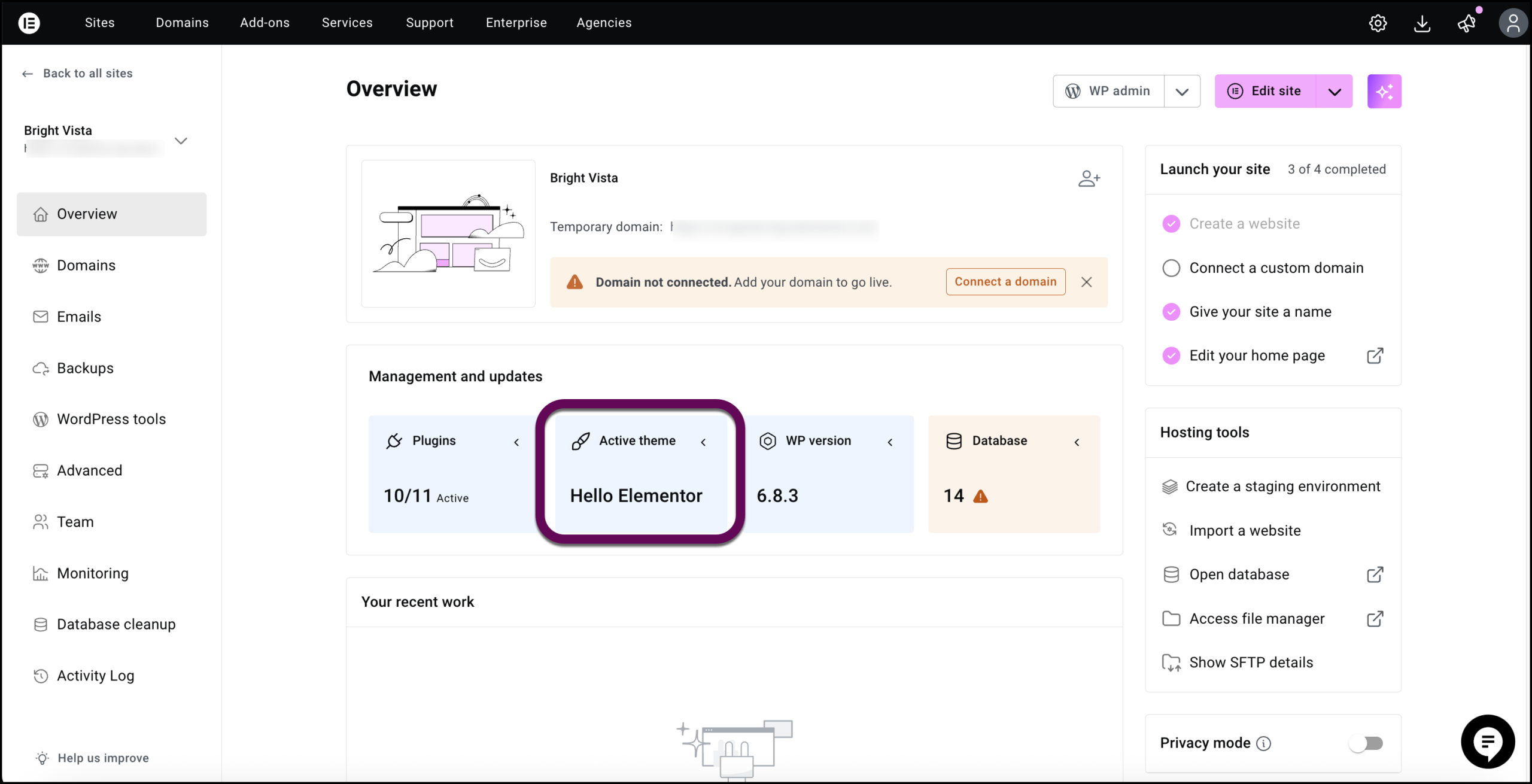 Click Active theme to change or delete theme