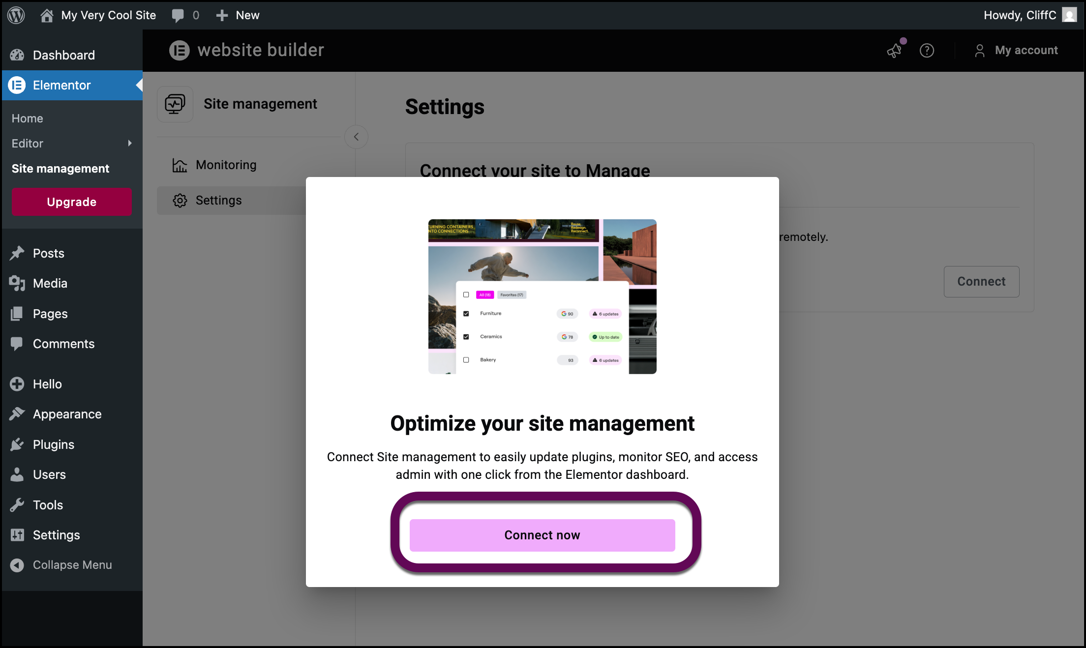 Connect now confirms that you are connecting Manage to your Elementor account