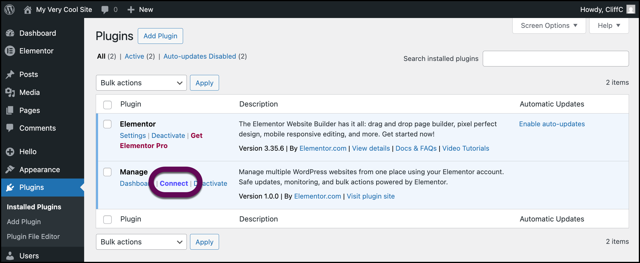 The connect button to link Manage to your Elementor account
