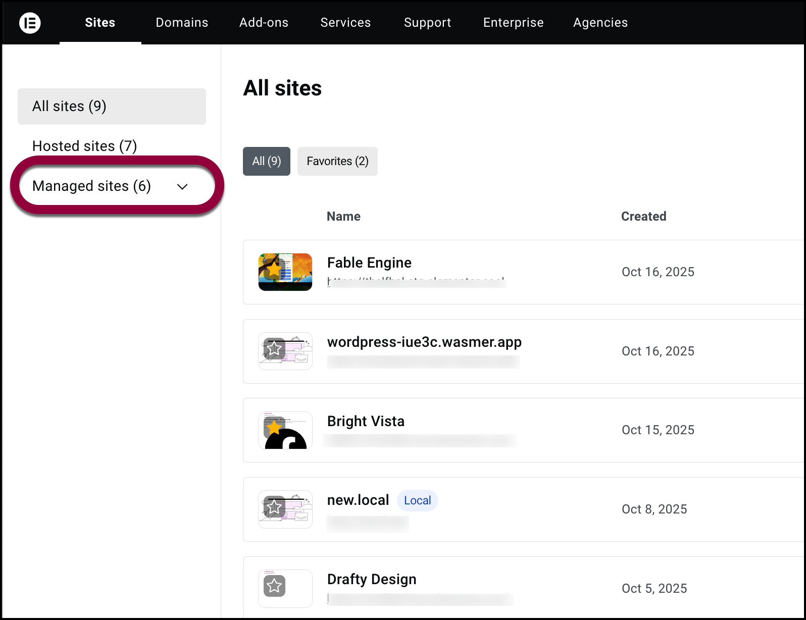 The Managed sites button to access all managed sites