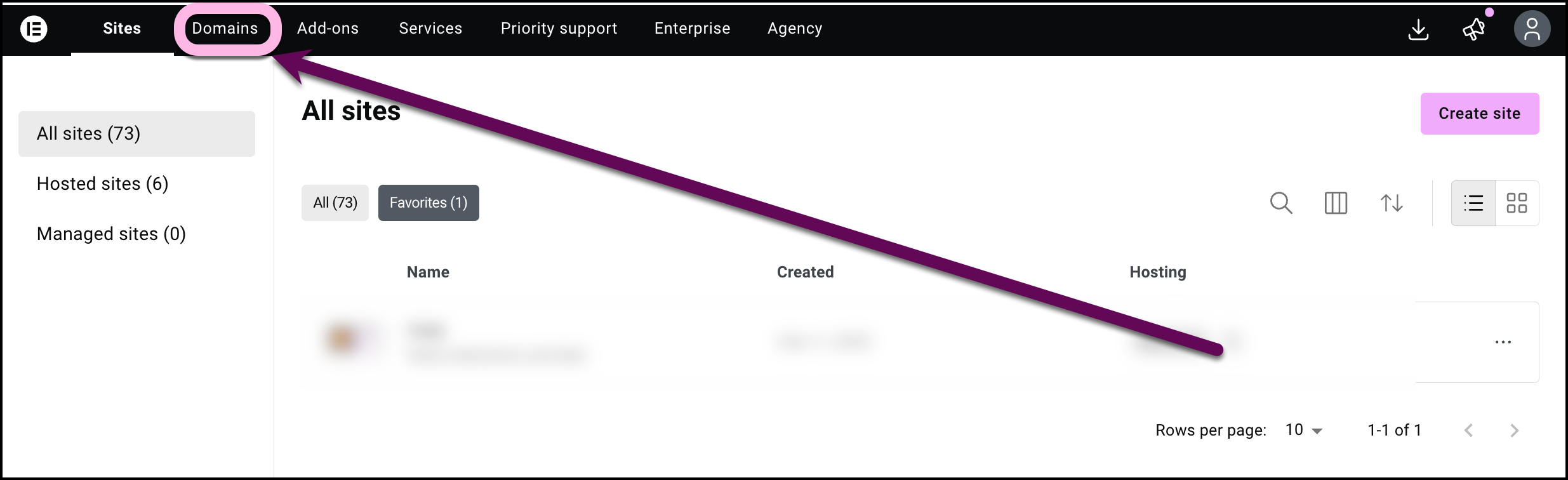 Click domains to access the domains section of your My Elementor dashboard.